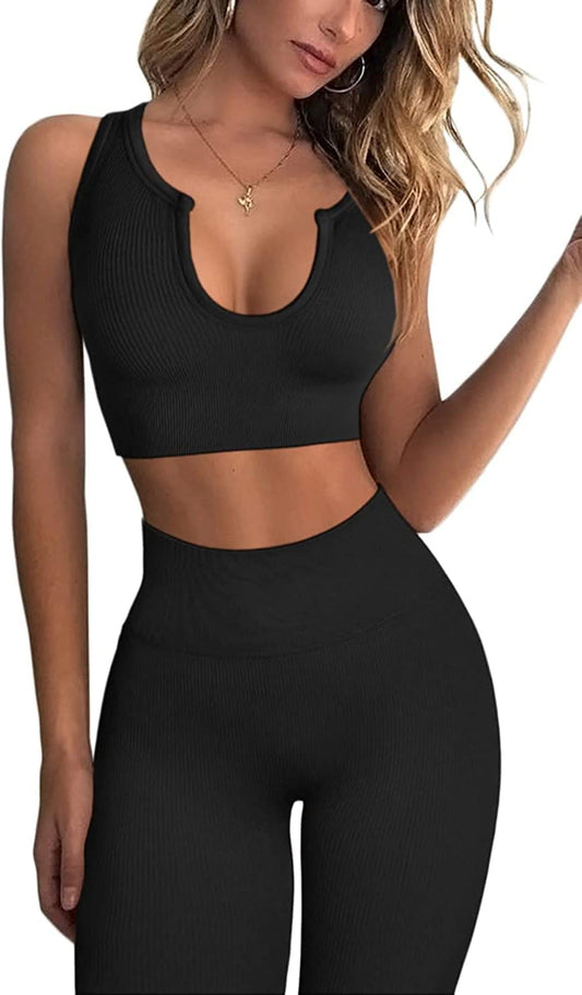 Women Workout 2 Piece Outfits Notch Gym Crop Top Active Sports Tracksuits Waist Gym Shorts Yoga Outfits Sets Black M