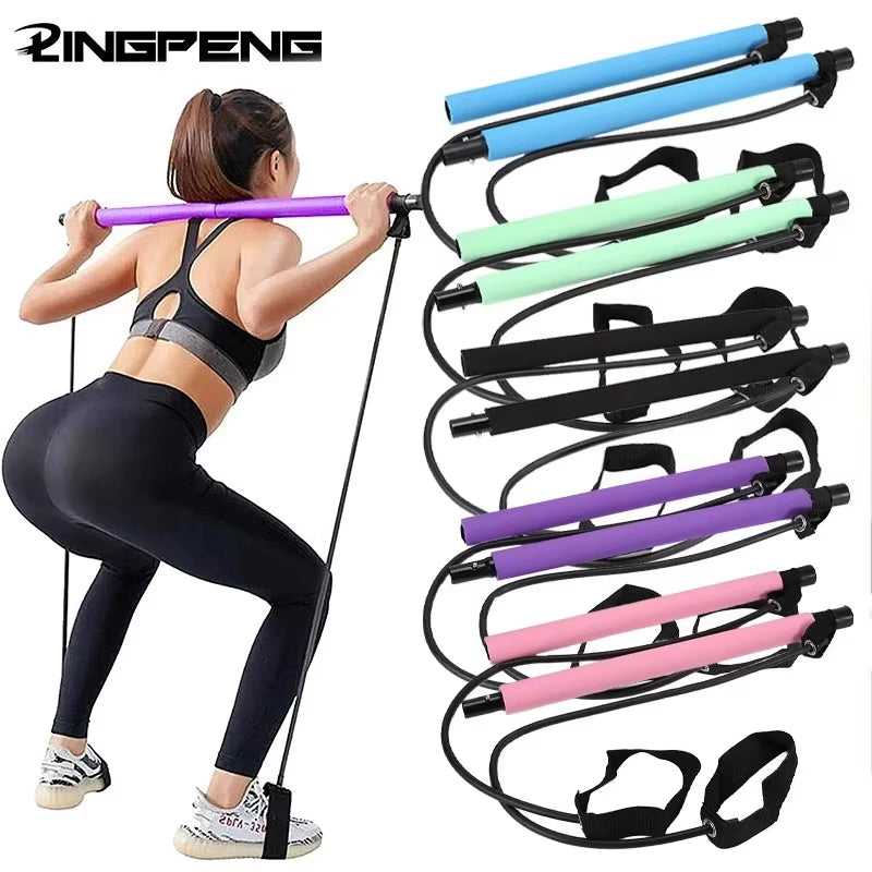 Multifunctional Pilates Bar Combination Fitness Bar Yoga Chest Expansion Tension Rope Back Trainer Elastic Rope Stretching Belt