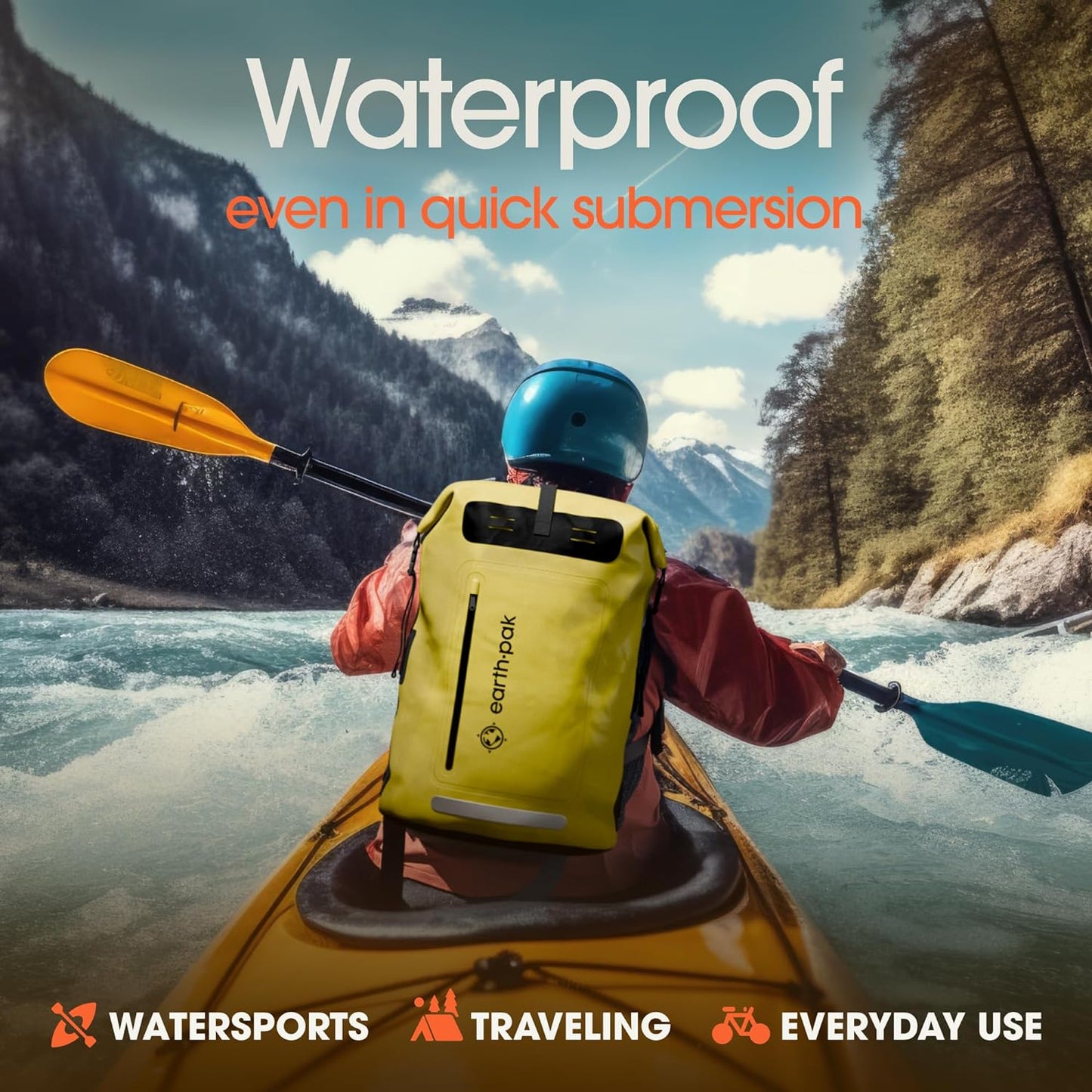 Waterproof Backpack - Heavy Duty Hiking Backpack - Roll-Top Closure - Waterproof Bag - Cushioned Dry Bags Waterproof W/ IPX8 Waterproof Phone Case - Wet Bag for Hiking, Kayak (Yellow, 35L)