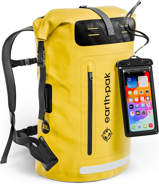 Waterproof Backpack - Heavy Duty Hiking Backpack - Roll-Top Closure - Waterproof Bag - Cushioned Dry Bags Waterproof W/ IPX8 Waterproof Phone Case - Wet Bag for Hiking, Kayak (Yellow, 35L)