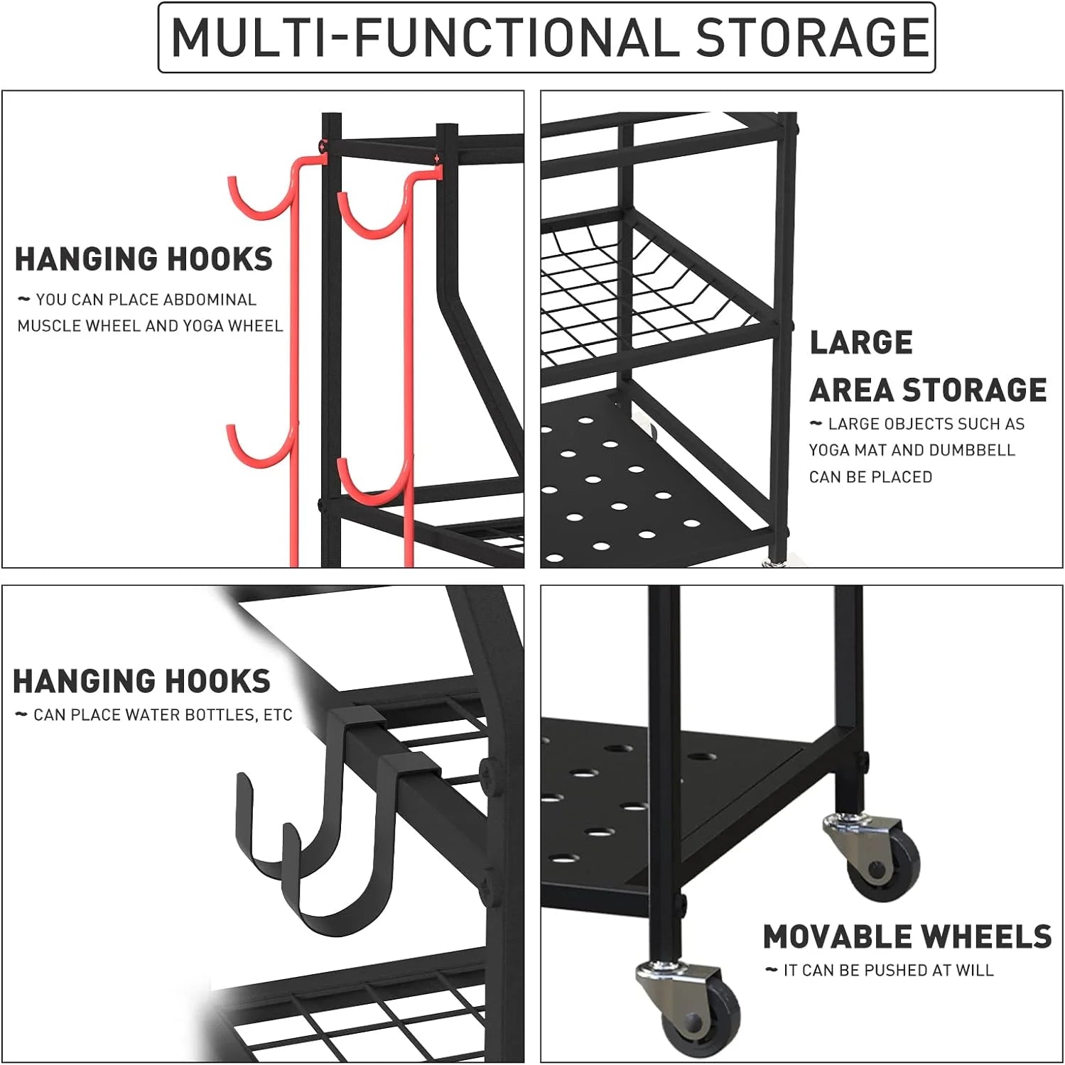 Storage Rack with Large Sports Equipment Organizer Cart, Black